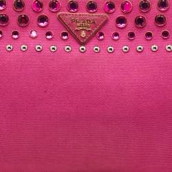 Pre Owned Prada Pink Canvas Crystal Embellished Zip Pouch Clutch