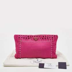 Pre Owned Prada Pink Canvas Crystal Embellished Zip Pouch Clutch