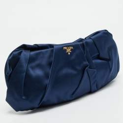 Prada Navy Blue Satin Pleated Raso Clutch