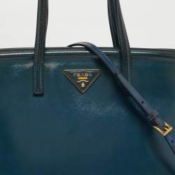 Pre Owned Prada Dark Blue Saffiano Vernic Leather Parabole Tote