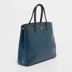 Pre Owned Prada Dark Blue Saffiano Vernic Leather Parabole Tote