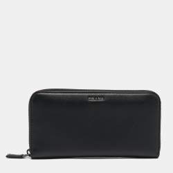 Prada Black Saffiano Leather Zip Around Wallet