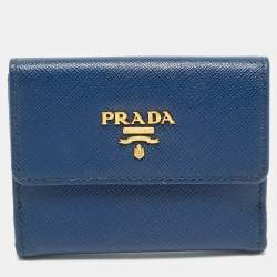 Prada Blue Saffiano Metal Leather French Compact Wallet