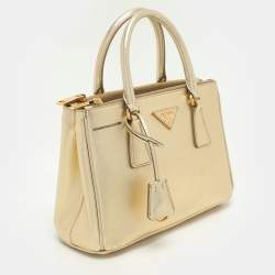 Pre Owned Prada Gold Saffiano Lux Leather Small Galleria Double Zip Tote