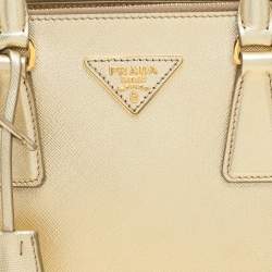 Pre Owned Prada Gold Saffiano Lux Leather Small Galleria Double Zip Tote