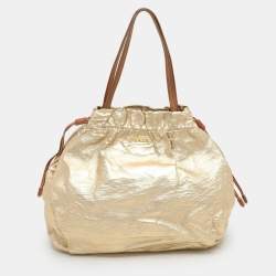 Pre Owned Prada Gold Metalic Leather Drawstring Tote