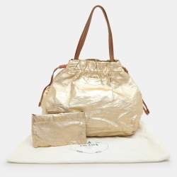Pre Owned Prada Gold Metalic Leather Drawstring Tote