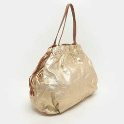 Pre Owned Prada Gold Metalic Leather Drawstring Tote