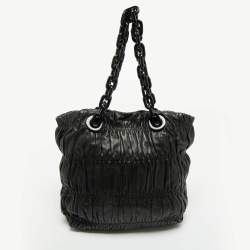 Pre Owned Prada Black Gaufre Leather Chain Tote