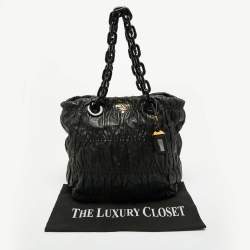 Pre Owned Prada Black Gaufre Leather Chain Tote