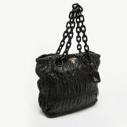 Pre Owned Prada Black Gaufre Leather Chain Tote