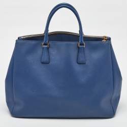 Pre Owned Prada Blue Saffiano Lux Leather Extra Large Galleria Double Zip Tote