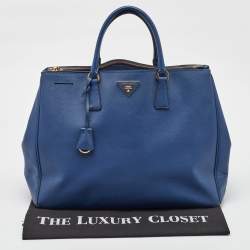 Pre Owned Prada Blue Saffiano Lux Leather Extra Large Galleria Double Zip Tote