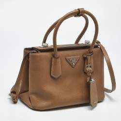 Pre Owned Prada Brown Saffiano Cuir Leather Twin Turnlock Tote