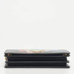 Pre Owned Prada Black Saffiano Printed Faces Leather Chain Clutch