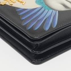 Pre Owned Prada Black Saffiano Printed Faces Leather Chain Clutch