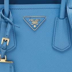 Pre Owned Prada Blue Saffiano Cuir Leather Mini Double Handle Tote