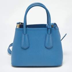 Pre Owned Prada Blue Saffiano Cuir Leather Mini Double Handle Tote
