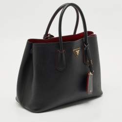 Pre Owned Prada Black Saffiano Cuir Leather Medium Double Handle Tote