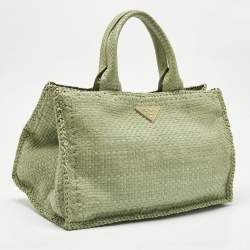 Pre Owned Prada Light Green Madras Leather Woven Tote