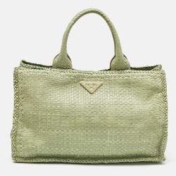 Pre Owned Prada Light Green Madras Leather Woven Tote