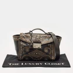 Pre Owned Prada Dark Brown Leather Embellished Sound Twin Pocket Top Handle Bag