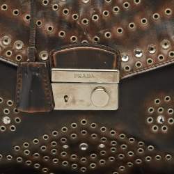 Pre Owned Prada Dark Brown Leather Embellished Sound Twin Pocket Top Handle Bag