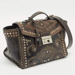 Pre Owned Prada Dark Brown Leather Embellished Sound Twin Pocket Top Handle Bag