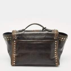 Pre Owned Prada Dark Brown Leather Embellished Sound Twin Pocket Top Handle Bag