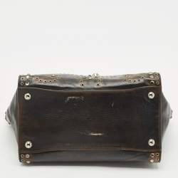 Pre Owned Prada Dark Brown Leather Embellished Sound Twin Pocket Top Handle Bag