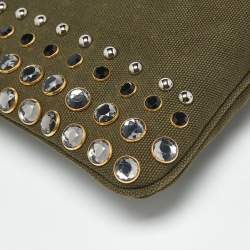 Pre Owned Prada Military Green Canvas Crystal Studded Clutch
