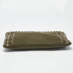 Pre Owned Prada Military Green Canvas Crystal Studded Clutch