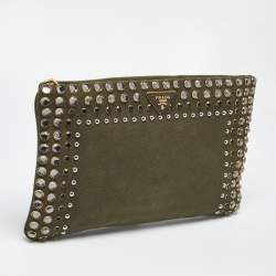 Pre Owned Prada Military Green Canvas Crystal Studded Clutch