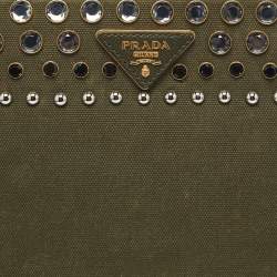 Pre Owned Prada Military Green Canvas Crystal Studded Clutch