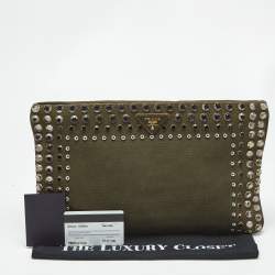 Pre Owned Prada Military Green Canvas Crystal Studded Clutch