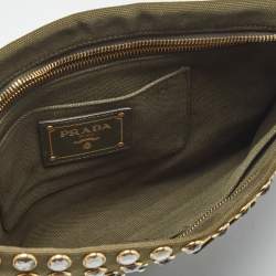 Pre Owned Prada Military Green Canvas Crystal Studded Clutch