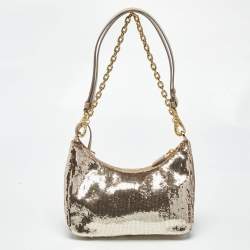 Pre Owned Prada Metallic/Beige Sequins Mini Re-edition Shoulder Bag