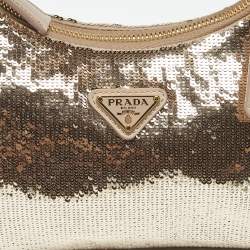 Pre Owned Prada Metallic/Beige Sequins Mini Re-edition Shoulder Bag