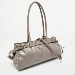 Pre Owned Prada Grey Vitello Shine Leather East-West Tote