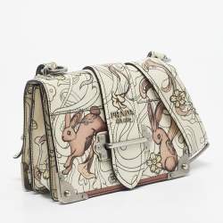 Pre Owned Prada x James Jean Off White Glace Calf Rabbit Print Leather Cahier Shoulder Bag