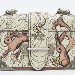 Pre Owned Prada x James Jean Off White Glace Calf Rabbit Print Leather Cahier Shoulder Bag
