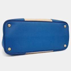 Pre Owned Prada Beige Blue Canvas and Saffiano Leather Canappa Saffiano Double Tote and Shoulder Bag