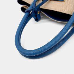 Pre Owned Prada Beige Blue Canvas and Saffiano Leather Canappa Saffiano Double Tote and Shoulder Bag