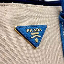 Pre Owned Prada Beige Blue Canvas and Saffiano Leather Canappa Saffiano Double Tote and Shoulder Bag