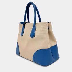 Pre Owned Prada Beige Blue Canvas and Saffiano Leather Canappa Saffiano Double Tote and Shoulder Bag
