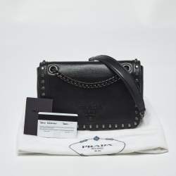 Pre Owned Prada Black Glace Calf Leather Studded Flap Crossbody Bag