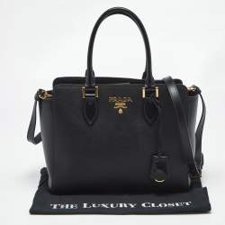 Pre Owned Prada Black Saffiano Lux Leather Magentic Closure Tote