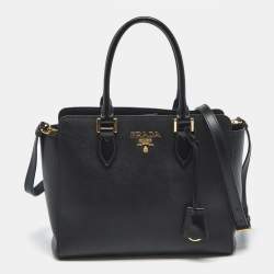 Pre Owned Prada Black Saffiano Lux Leather Magentic Closure Tote