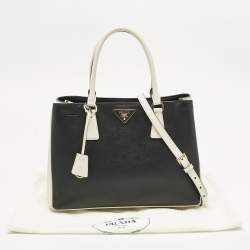 Pre Owned Prada Black/White Saffiano Leather Medium Open Tote