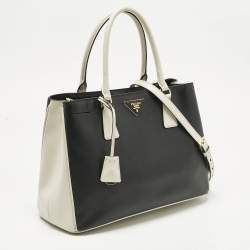 Pre Owned Prada Black/White Saffiano Leather Medium Open Tote